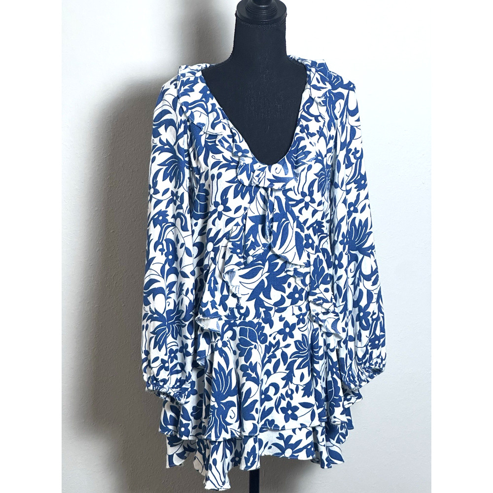 Free People Rebecca Ruffle Cottagecore Dress Whimsy Blue White XS